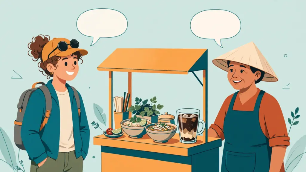 A traveller practising Vietnamese phrases with a street food vendor in Vietnam