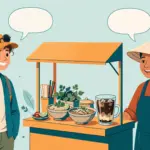 A traveller practising Vietnamese phrases with a street food vendor in Vietnam